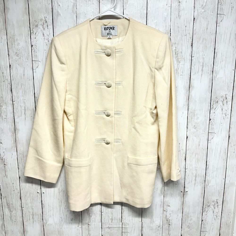 Kasper for A.S.L. Jacket‎ Women Size 8 Ivory Button Down 100% Wool Double Pocket